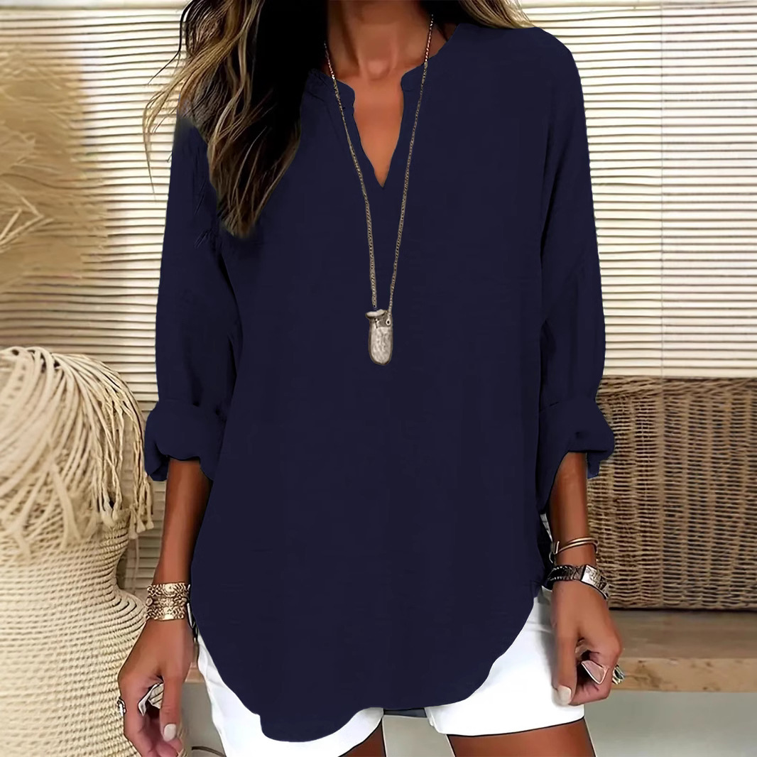 V-neck Lapsed Sleeves Loose Long-sleeved T-shirt For Women 3