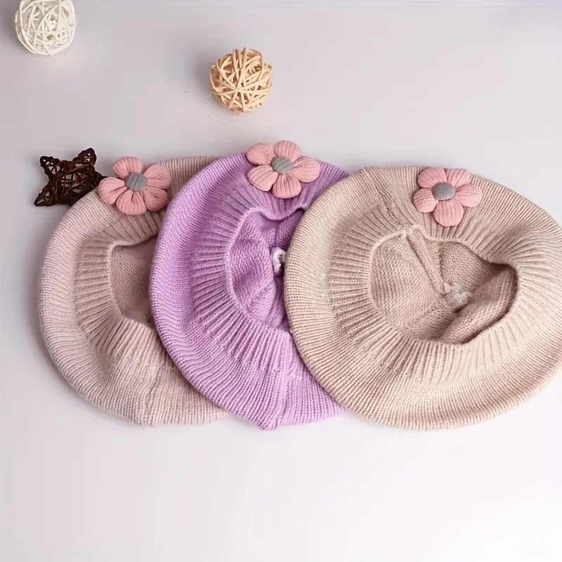 Blume Baby Baskenmütze Hut Winter Warme Gestrickte Beanie 4