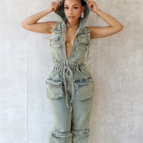 Casual Stretch Nostalgic Hooded One-piece Overalls