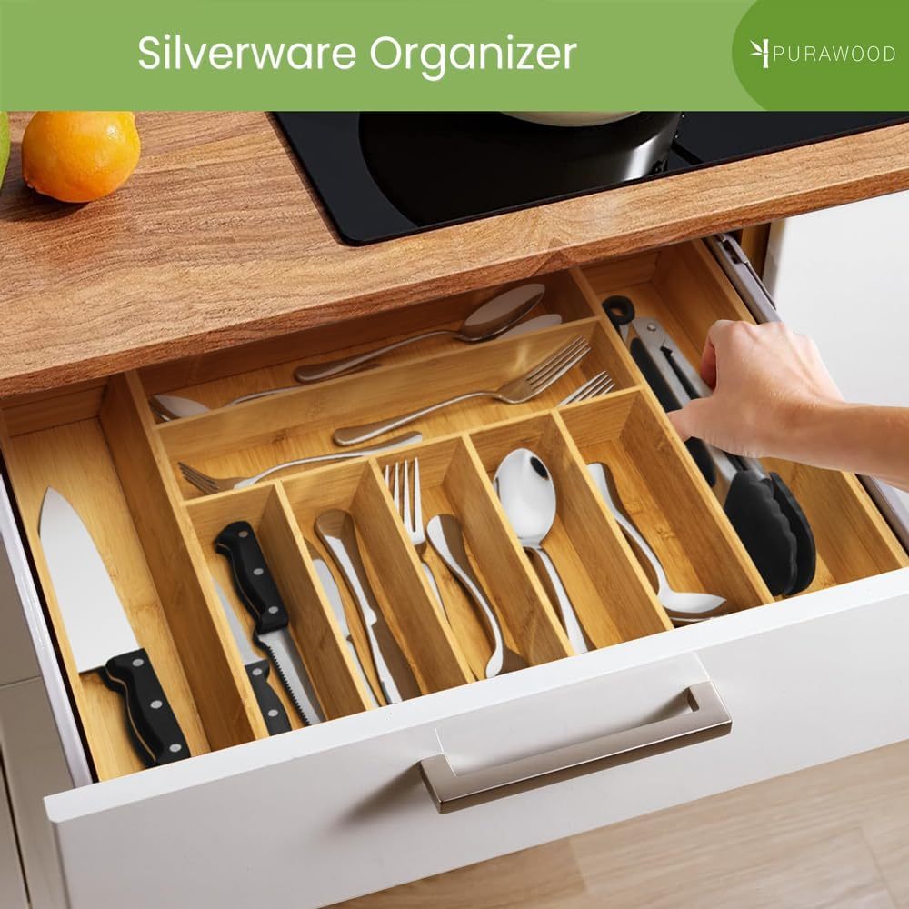 Purawood Expandable Bamboo Drawer Organizer With Silverware Utensil 2