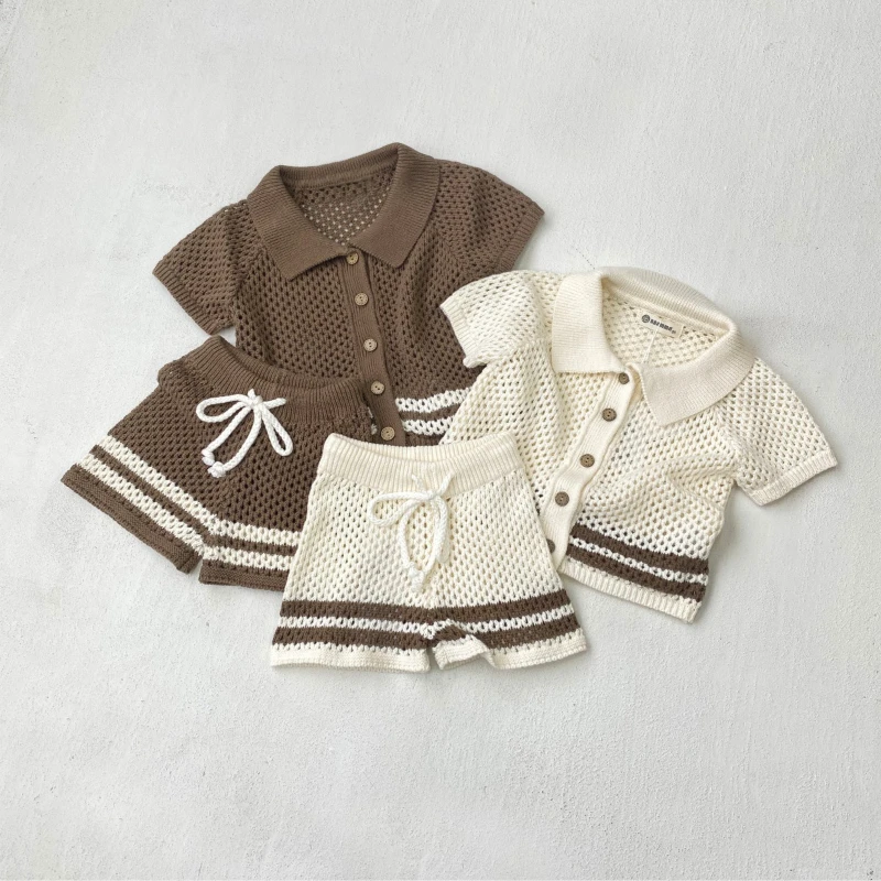 Sommer-Babykleidung Ausgehöhlter Strickpullover mit Umlegekragen Strickjacke Shorts-Set Baby-Pullover 4