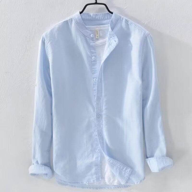Minimalist Stand Collar Cotton Linen Shirt for Men