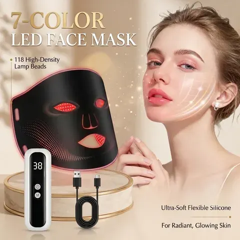 Yaoshea 7-Farben-LED-Gesichtsmaske mit 118 LED-Perlen – Weiche Wiederaufladbare
