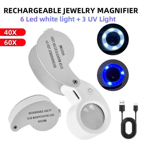 Wiederaufladbare Schmucklupe 40-fach 60-fach Faltbare Lupe mit UV-LED-Leuchten