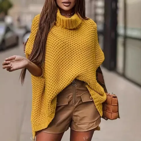 Large Slit Hem Turtleneck Pullover
