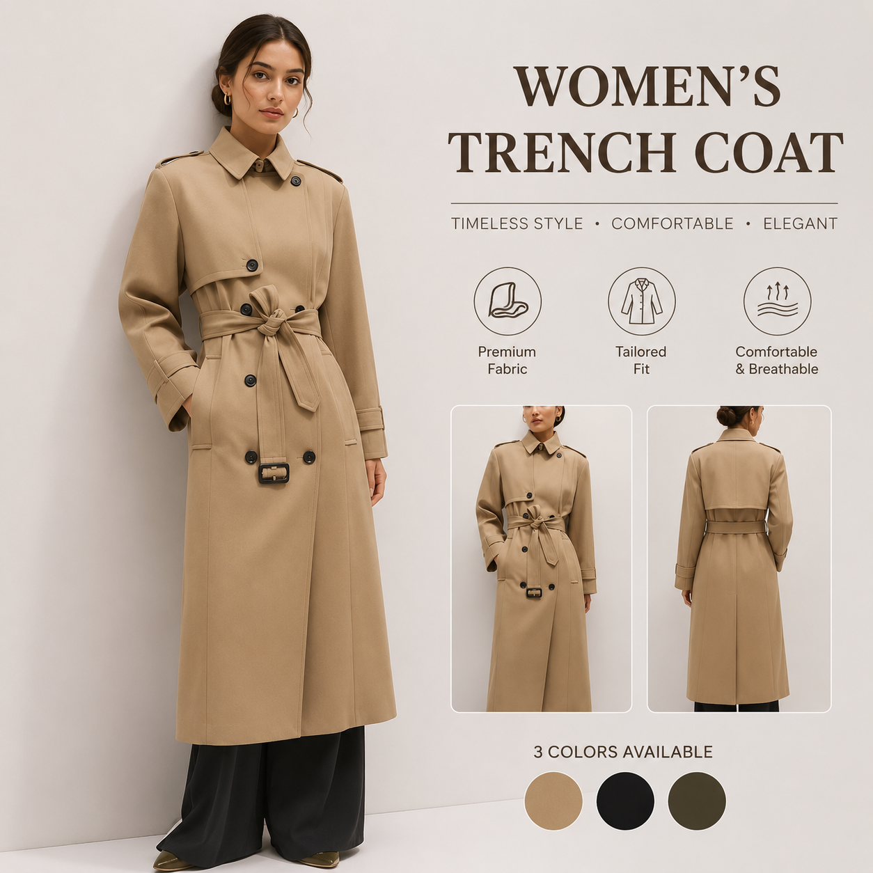 Classic Khaki Long Trench Coat Women