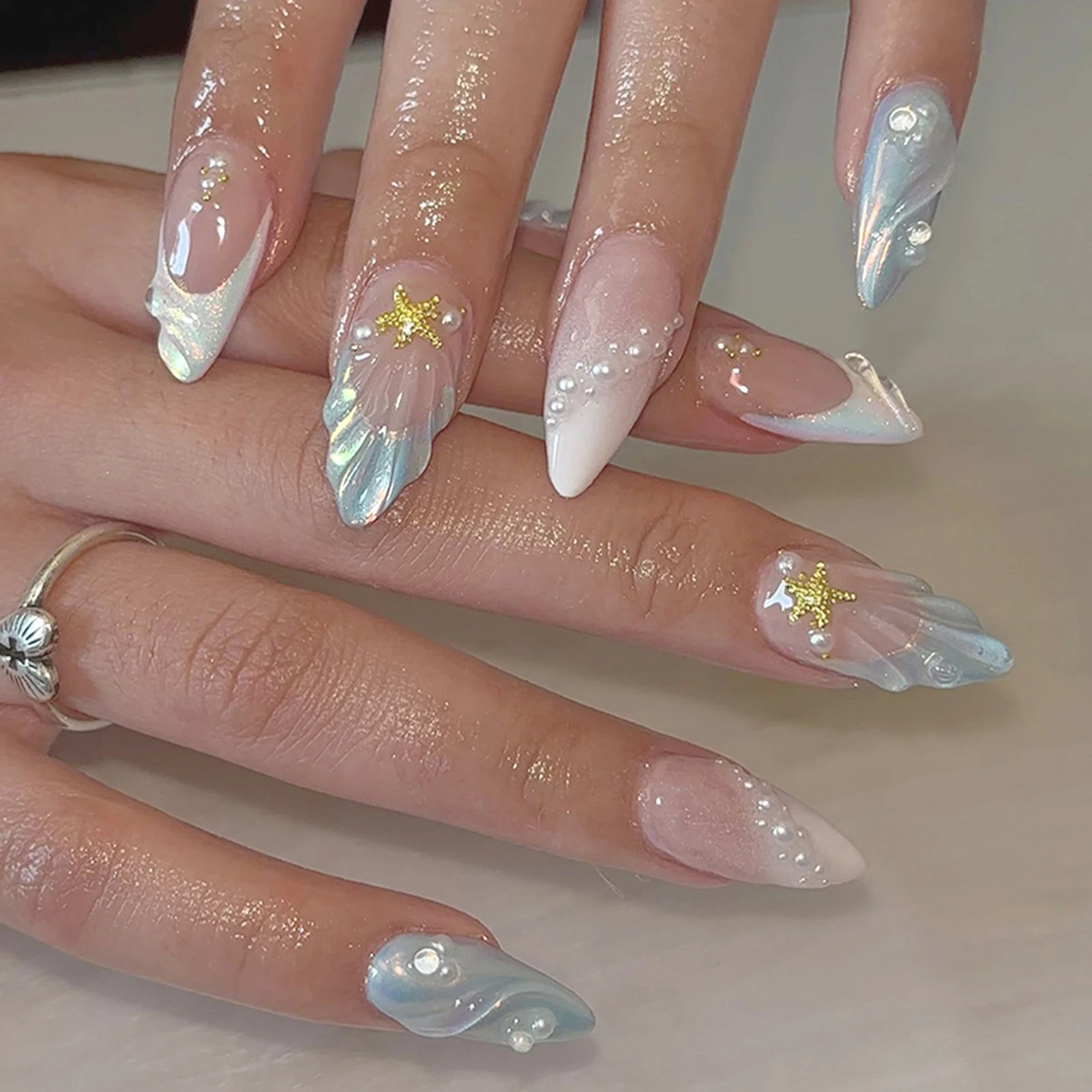 Long Stiletto Press-On Nails Black Silver 3
