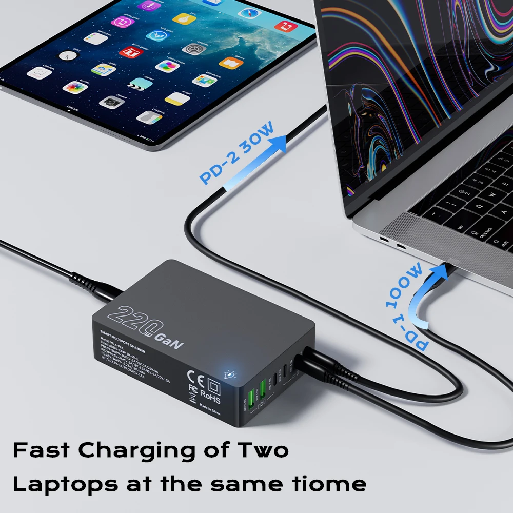 220W GaN Desktop-Ladegerät mit 6 Anschlüssen PD 100W 3