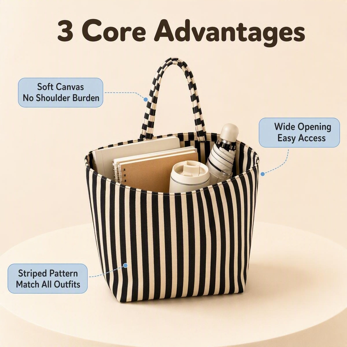 Striped Canvas Large Capacity Tote Bag 3