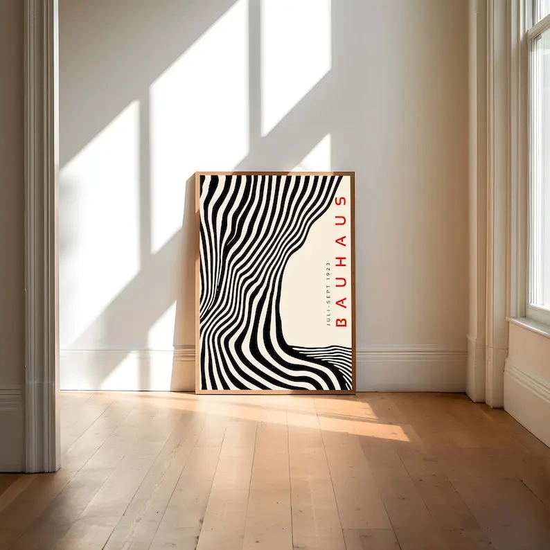 Mid-Century Modern Schwarzes Bauhaus Leinwand-Wandkunst-Poster Ungerahmte Wellenförmige Minimalistische 3