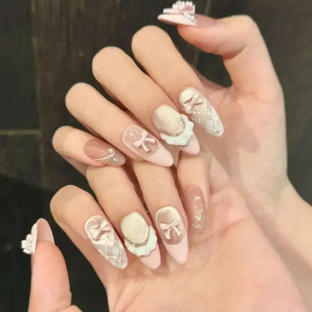Korean Cat-Eye Pink Bow Press-On Nails 2