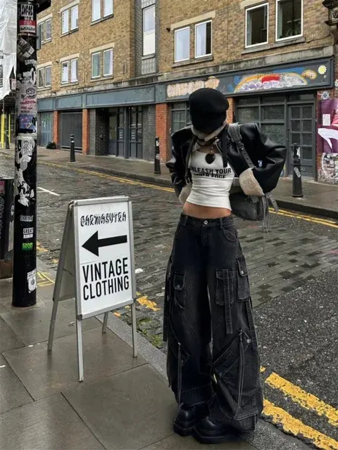 Damen Schwarze Gothic Baggy Cargo Jeans Harajuku Oversize 4