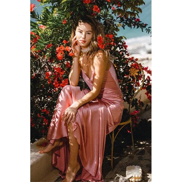 Pink Silk Bodycon Maxi Gown Spaghetti Straps 2