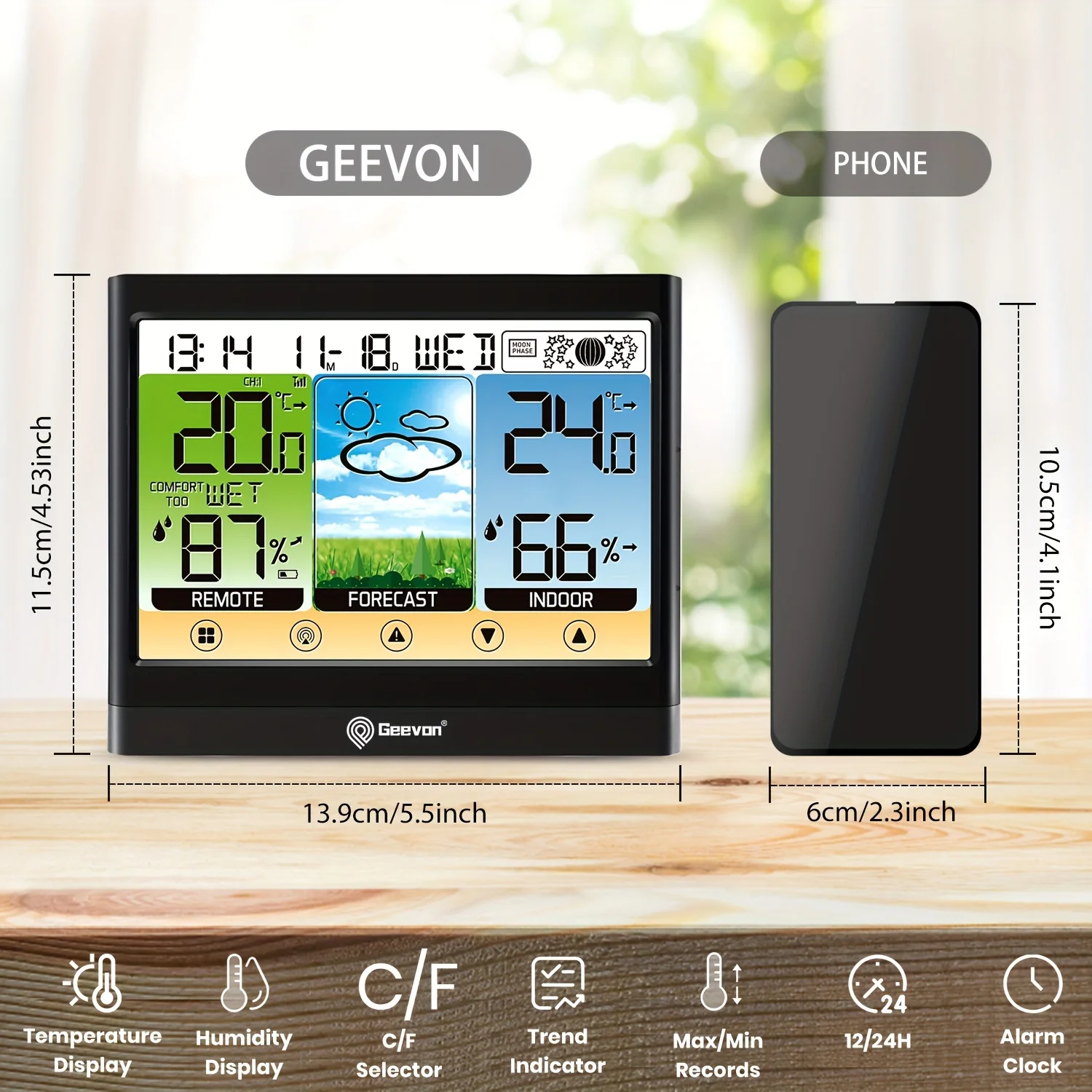 Geevon Wetterstation Kabelloses Innen- und Außenthermometer Hygrometer Touch-LCD-Display 2