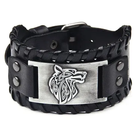 Punk Wolf Head Charm Woven Leather Bracelet