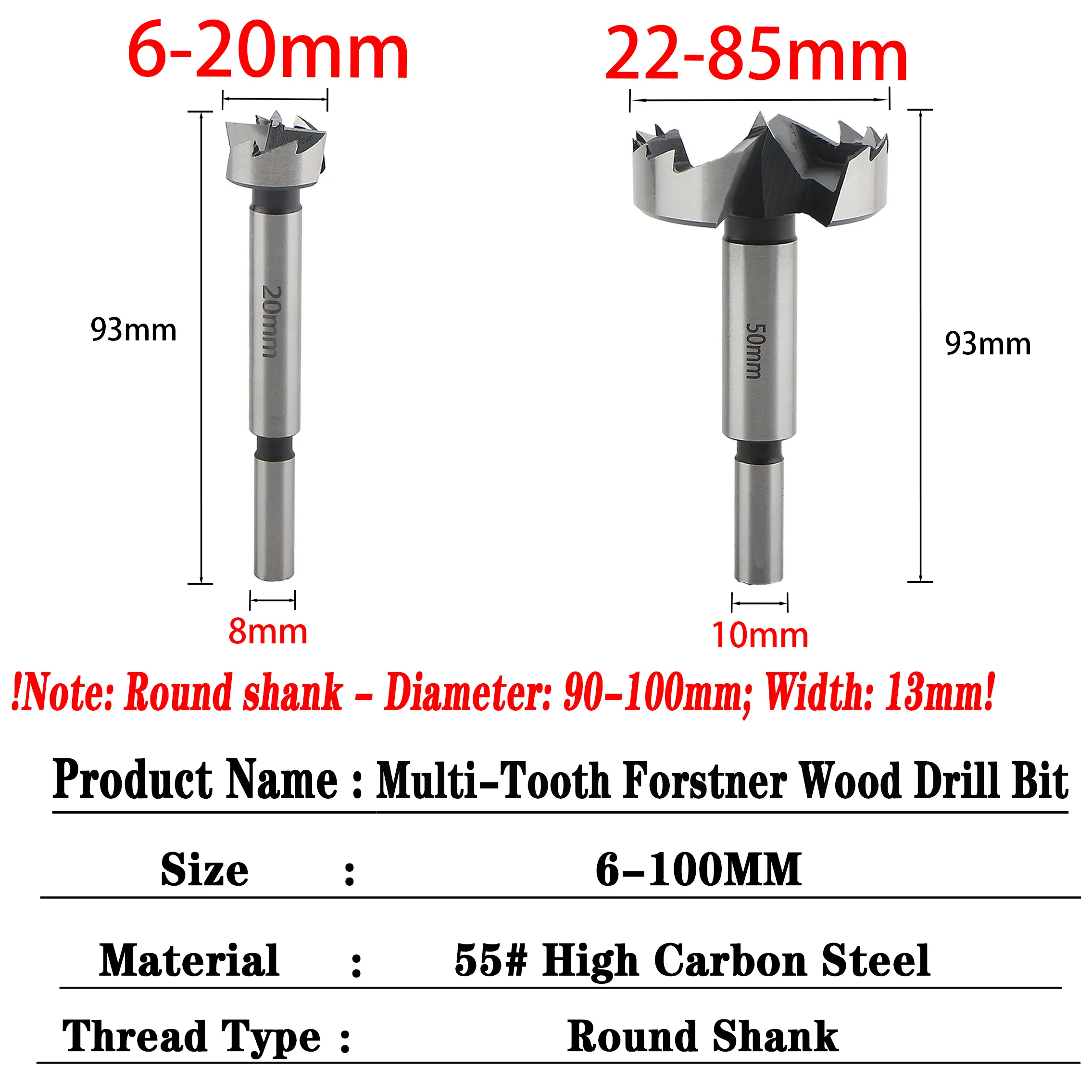 Layzen 6–100 mm Forstner-Bohrer Multi-Zahn-Holz-Lochsäge Runder Schaft Selbstzentrierender 2