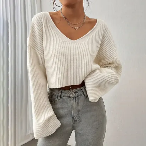 Women's Sweater Short Midriff-baring Loose Drop-shoulder Rib