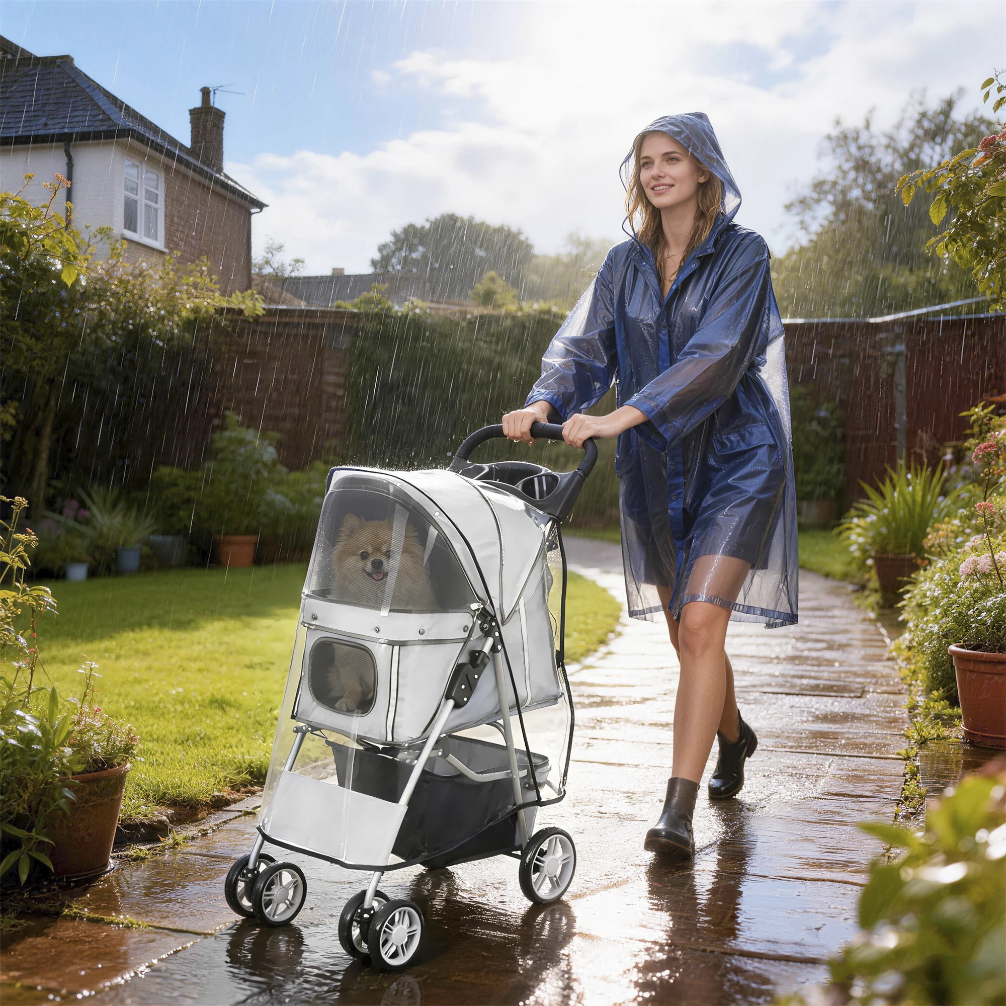 Faltbarer Haustier-Kinderwagen Hundebuggy Katzenwagen Kleintier-Buggy mit Regenschutz Reflektorstreifen