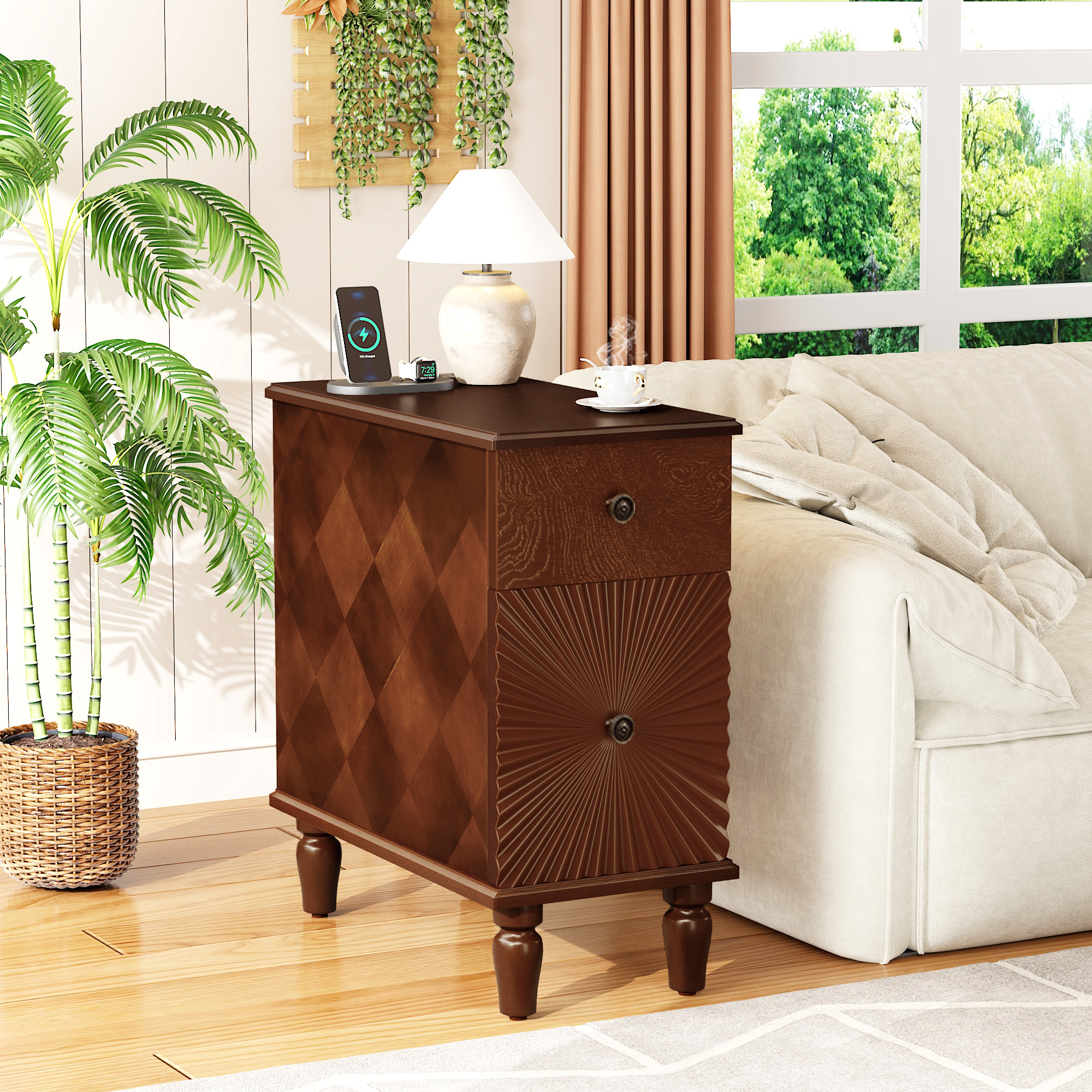 2 Drawer Modern Sofa Side Table Narrow Slim