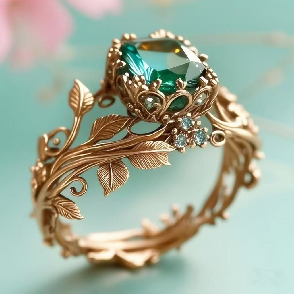 Totem Ring Vintage Alloy Inlaid Green Crystal Finger