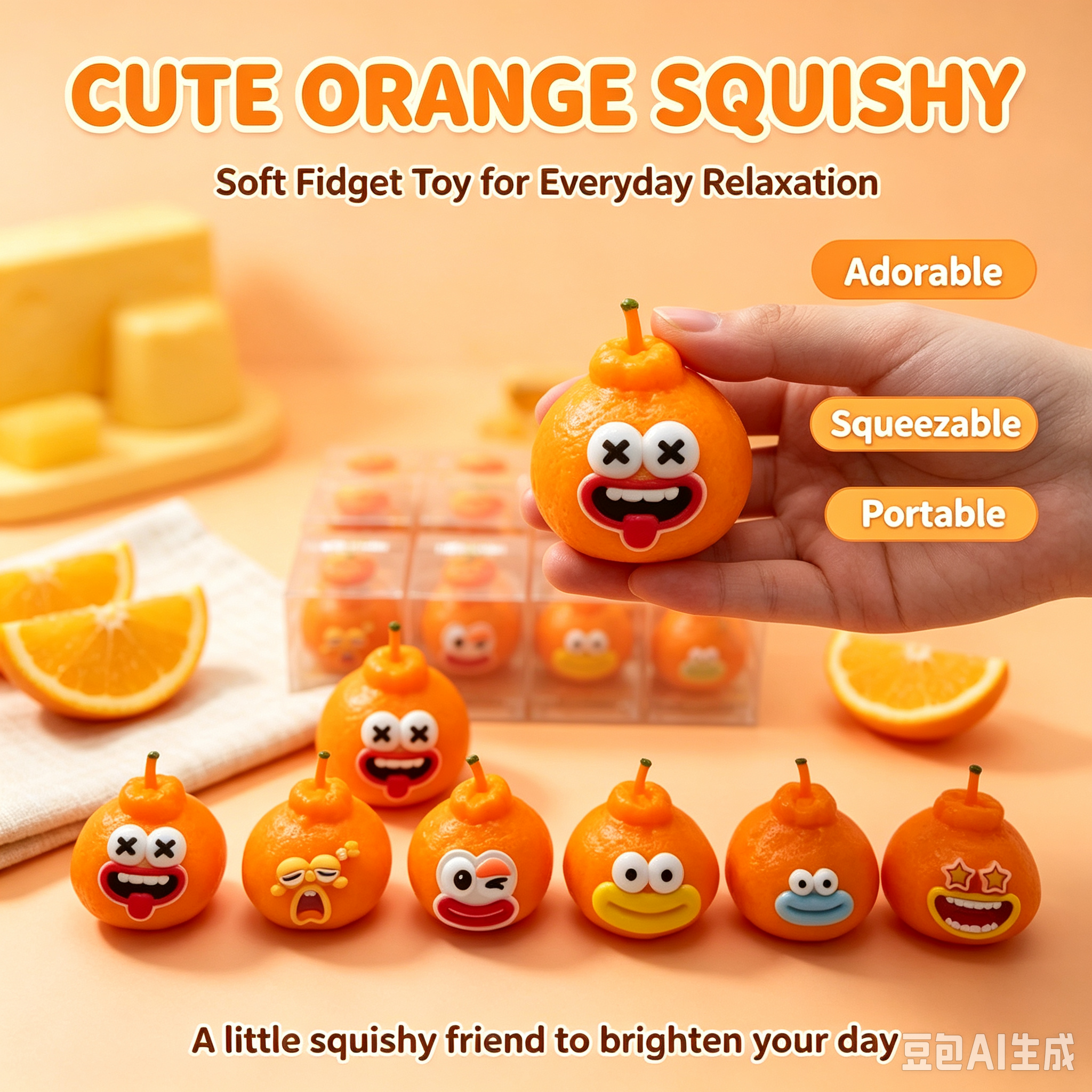 Orange Fruit Squishy Toy with Expressions 3