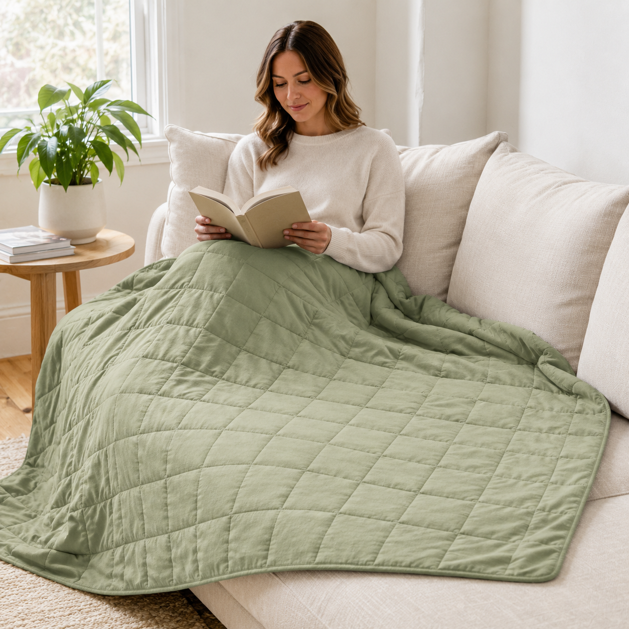 Sage Green Quilted Cotton Weighted Blanket 2