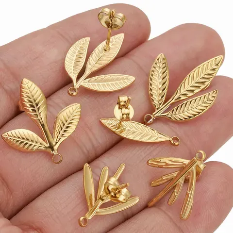6 Pcs Gold Stainless Steel Boho Leaf Earring Components