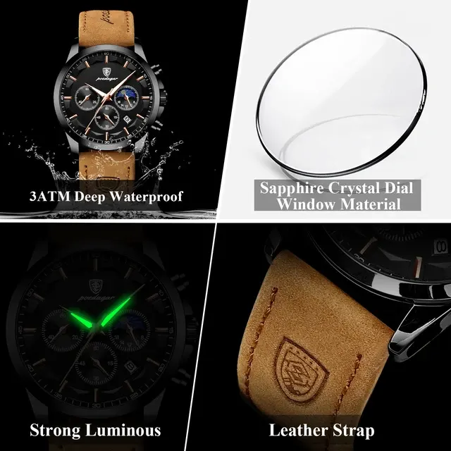 Men's Leather Chronograph Watch, Waterproof 4