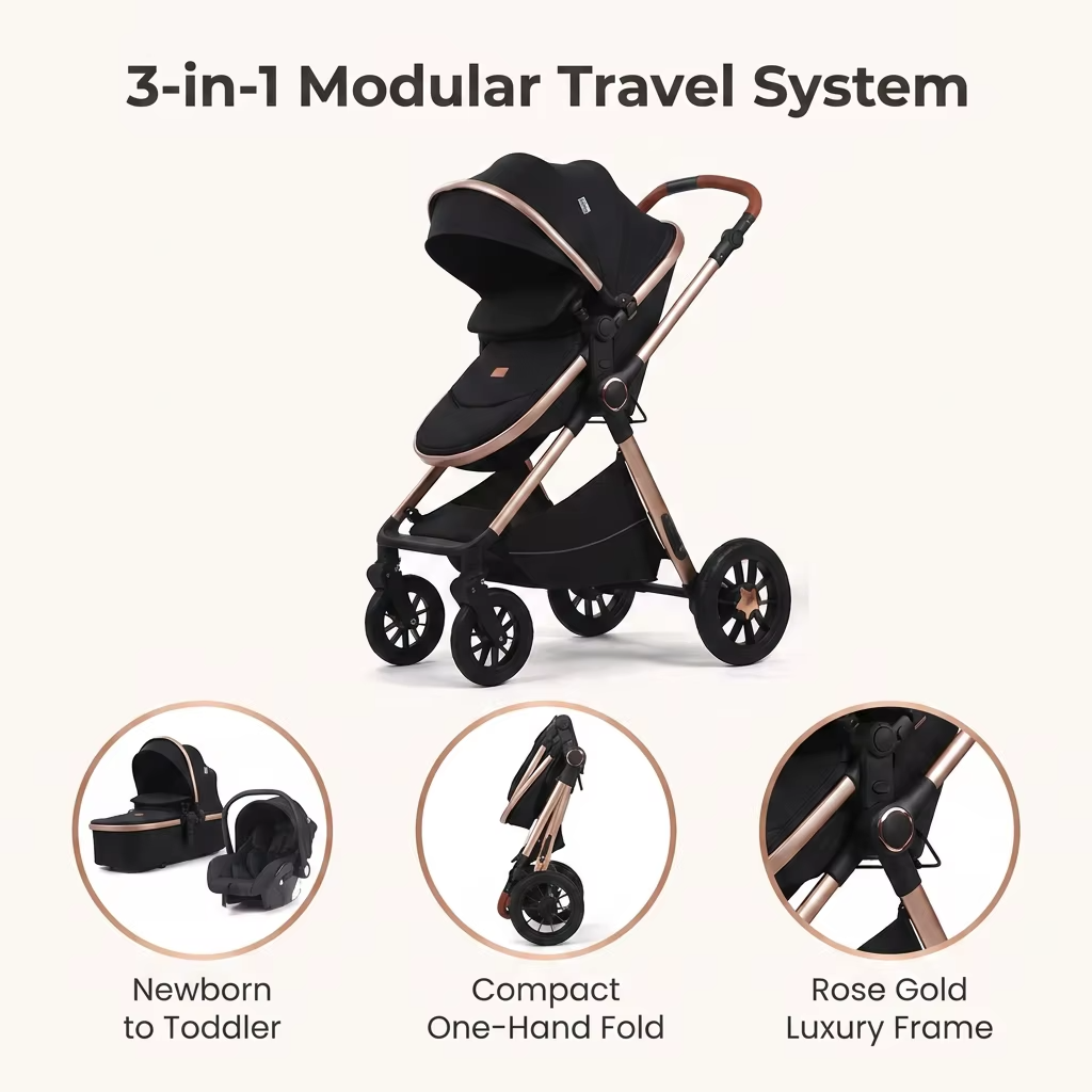 Foldable 3-in-1 Baby Pram with Large Storage Basket 3