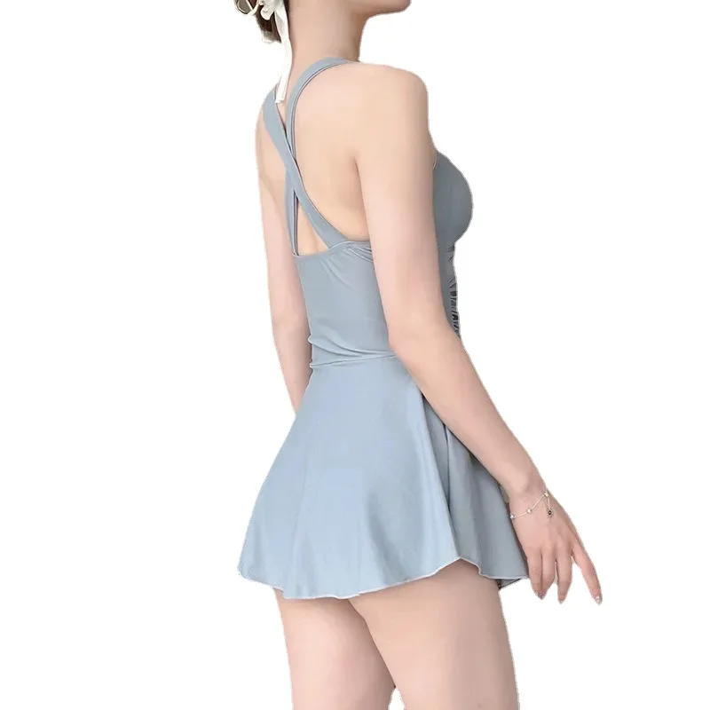 Badeanzug für Damen Einfarbig Schlankmachend Einteilig Kleid-Stil Konservativer 4
