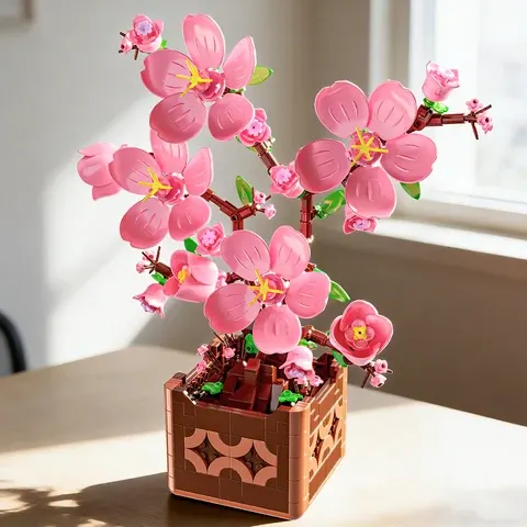 632-Piece Pink Peach Blossom Potted Plant Building Set