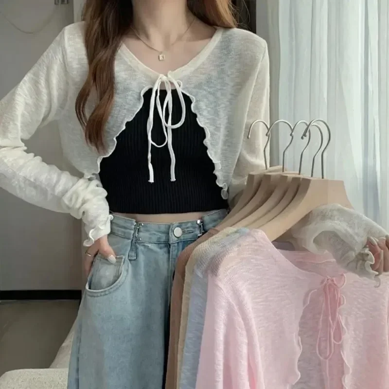 Sommer Frauen Dünne Sonnencreme Strickjacke Spitze-up Strickwaren Tops 3