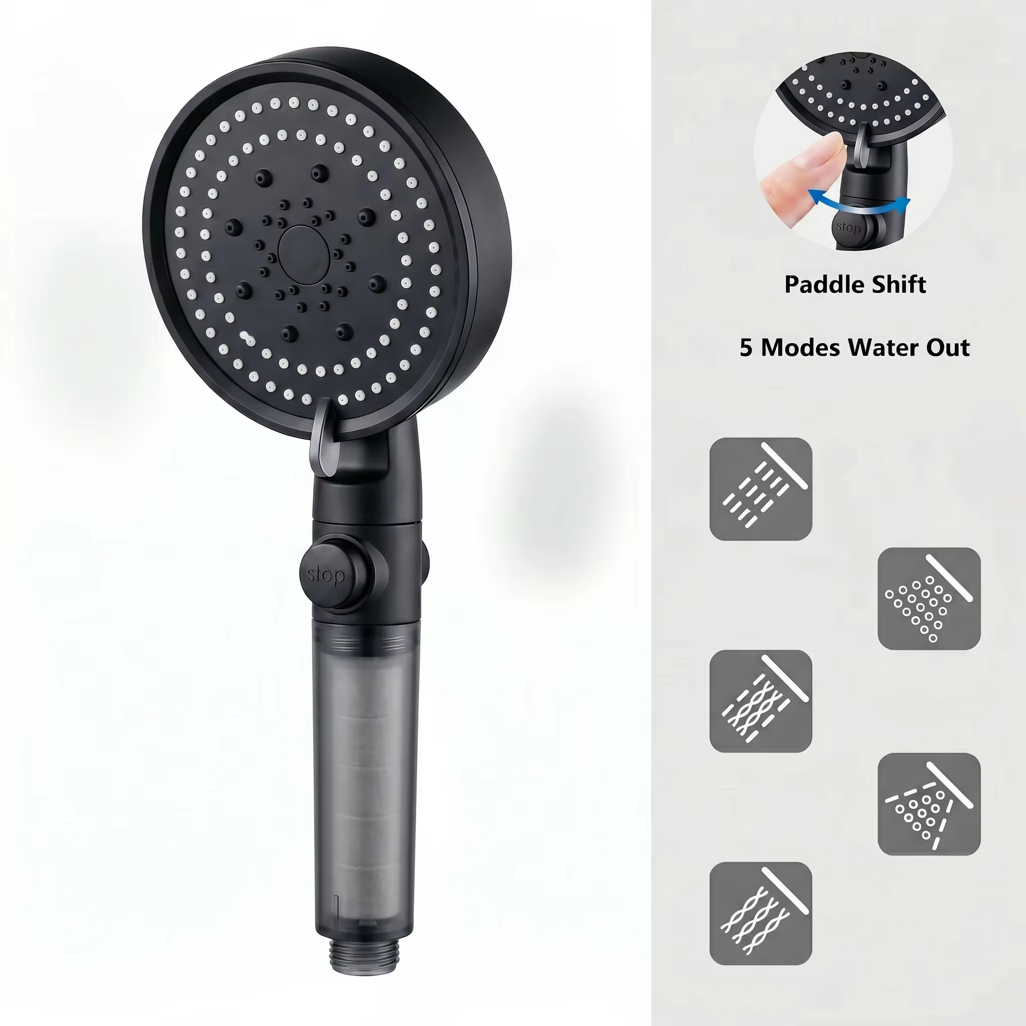 Black 5-Function Rainfall Shower Head Stop Purify Water