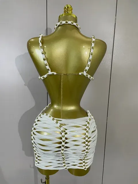 Damen Sexy Weißes Neckholder-Kleid mit Transparenten Elementen und 3