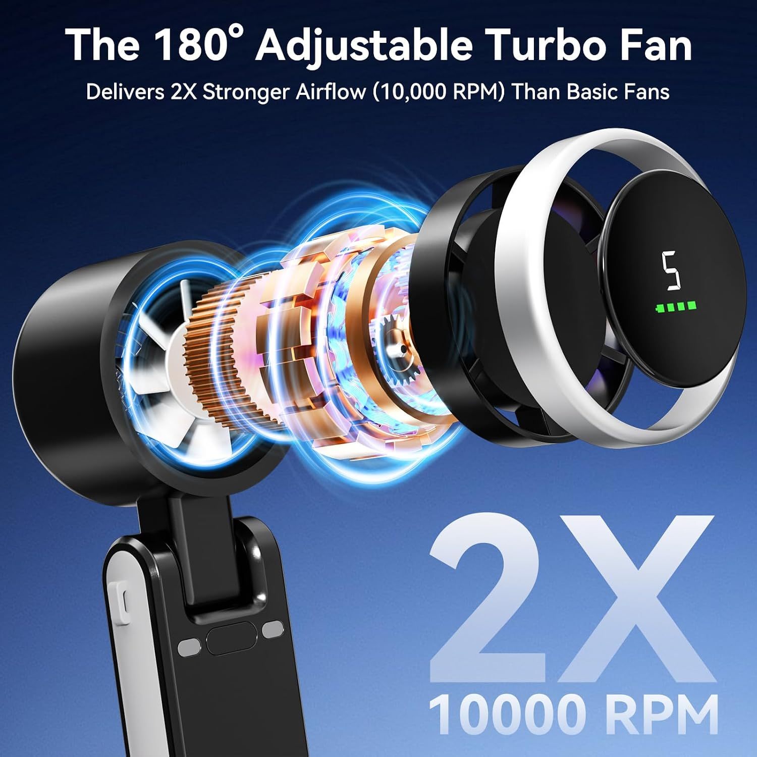 Portable Fan Mini Handheld Turbo Rechargeable 5-Speed LED 2