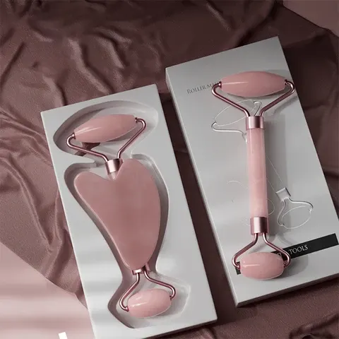 2-teiliges Set Gesichtsmassage-Schabewerkzeug-Kit - Gesichtsroller Massagestab Eis-Gel-Pack Rosa
