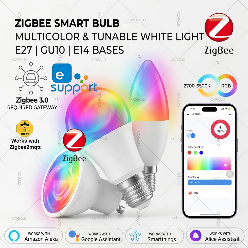 Zigbee Smart LED-Glühbirne RGBCW E27 E14 GU10 Dimmbare