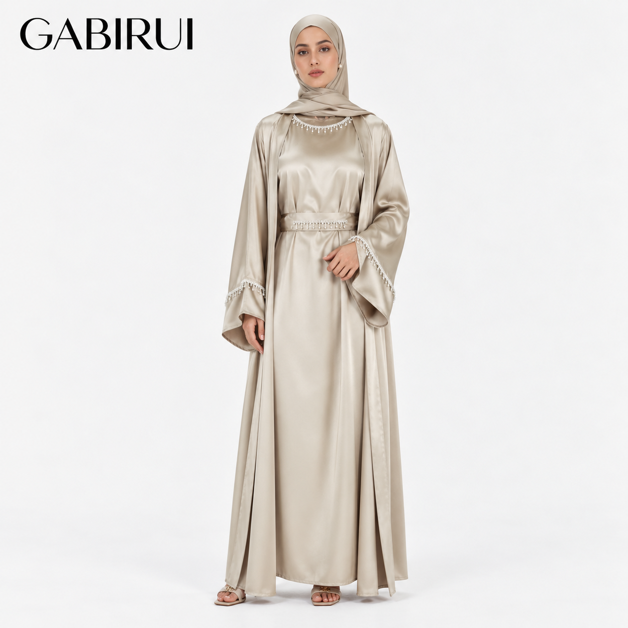 6-Piece Satin Abaya Set with Tassel Belt 3