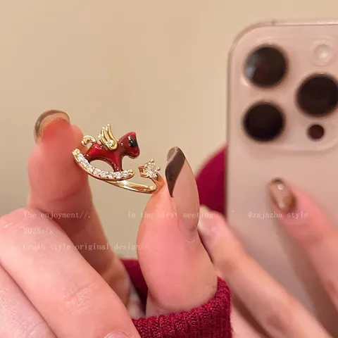 Women's Sweet Red Enamel Pony Ring With Sparkling