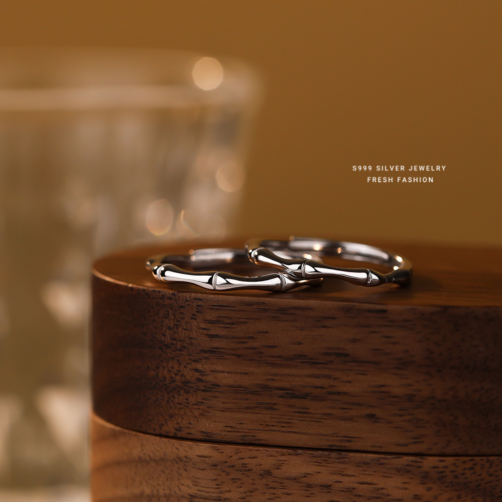 S999 Sterling Silver Bamboo Couple Rings 2-Piece Set
