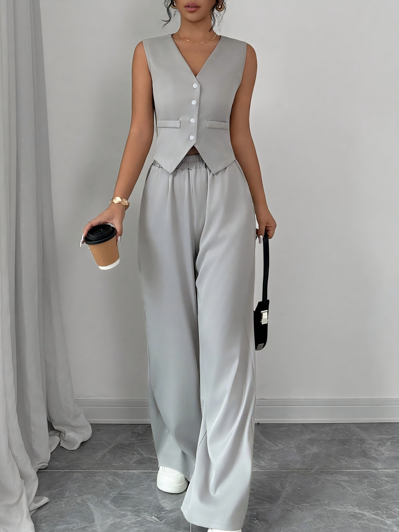 Elegant Button Sleeveless Vest Trousers Set For Women