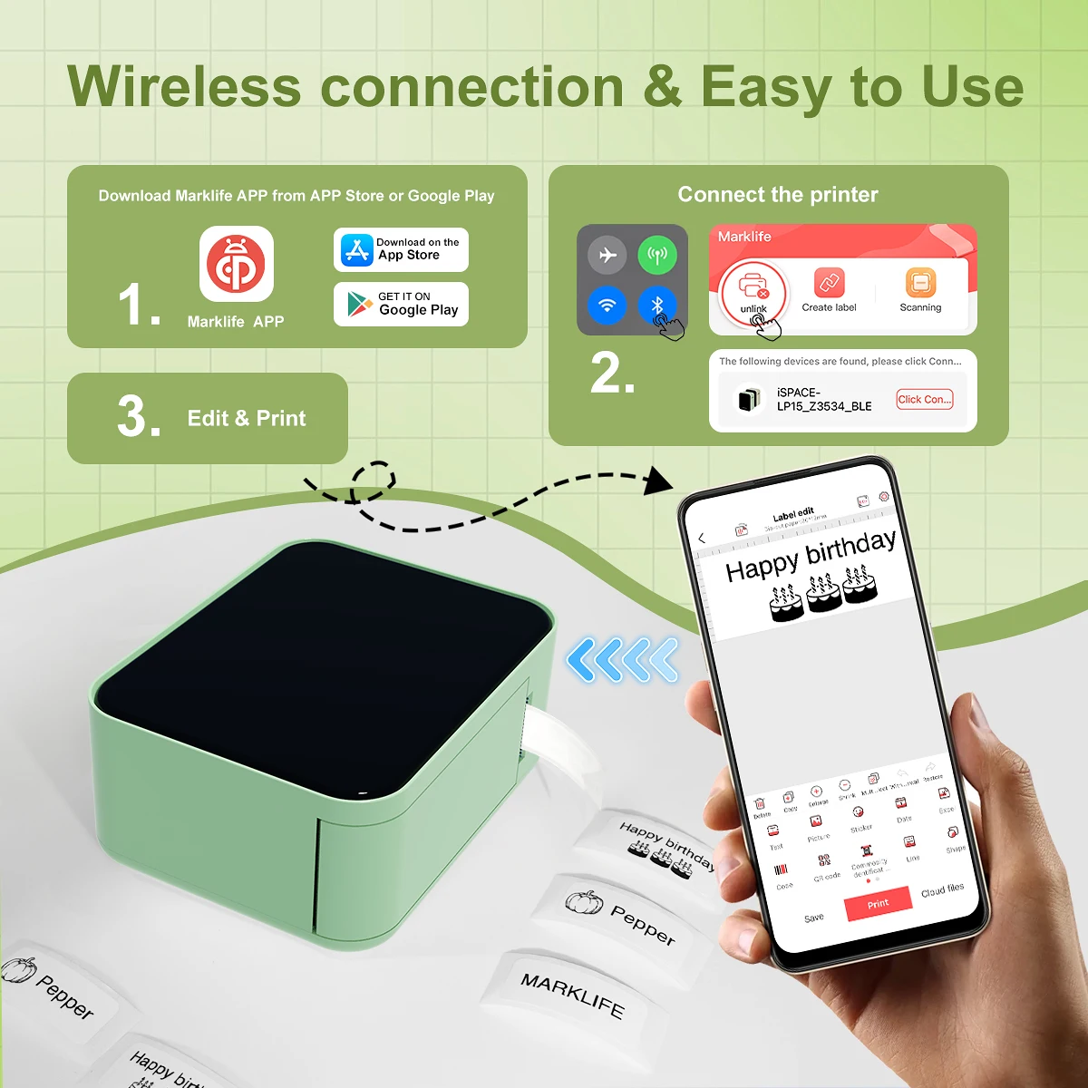 Marklife Thermischer Etikettendrucker P15 Tintenloser Kabelloser Bluetooth-Etikettendrucker 203 3