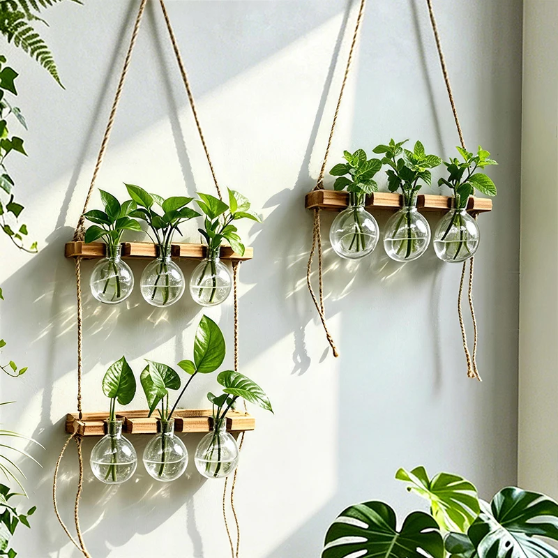 Boho-Hängepflanzgefäß aus Holz und ABS Wandmontierte Wasserpflanzenvase für 2