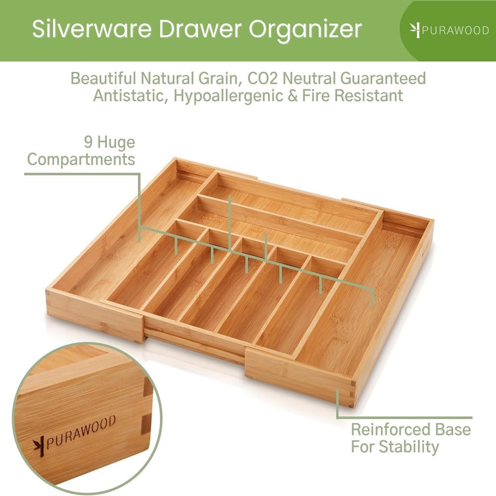 Purawood Expandable Bamboo Drawer Organizer With Silverware Utensil 3
