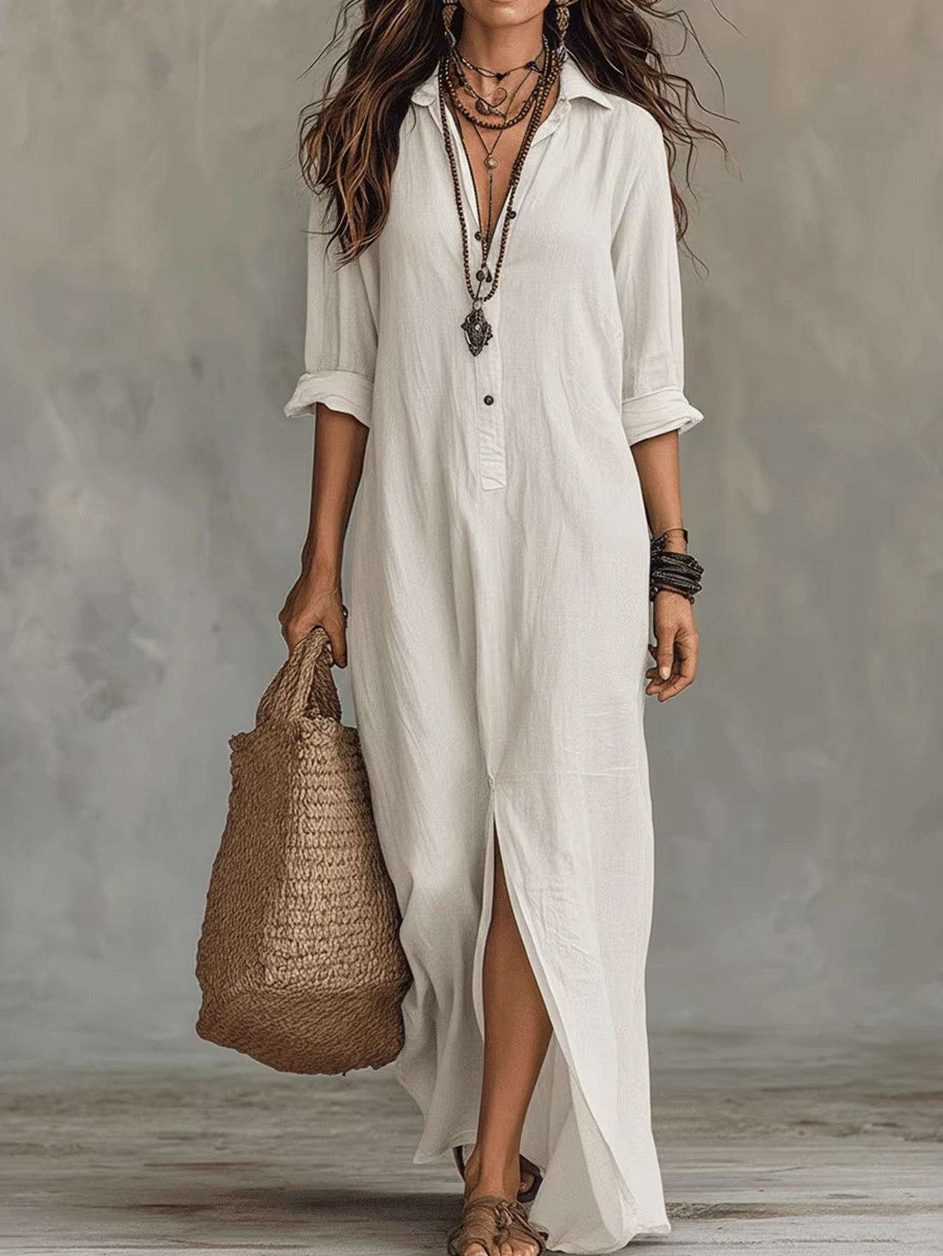 Spring Summer Casual Solid Color Lapel Neck Split