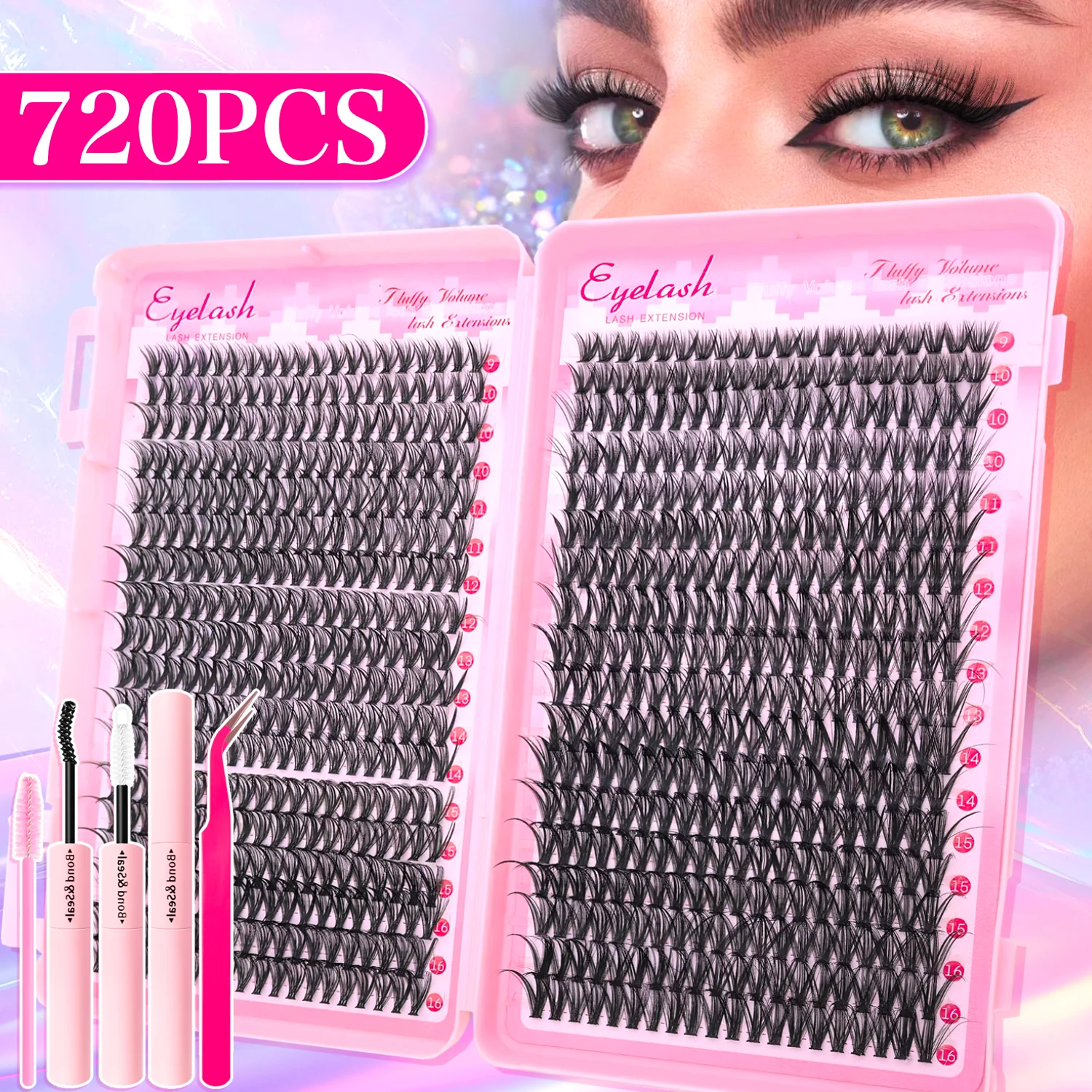 720 200 Stück Wimpernverlängerungs-Set Fluffy mit Wimpernkleber und 3