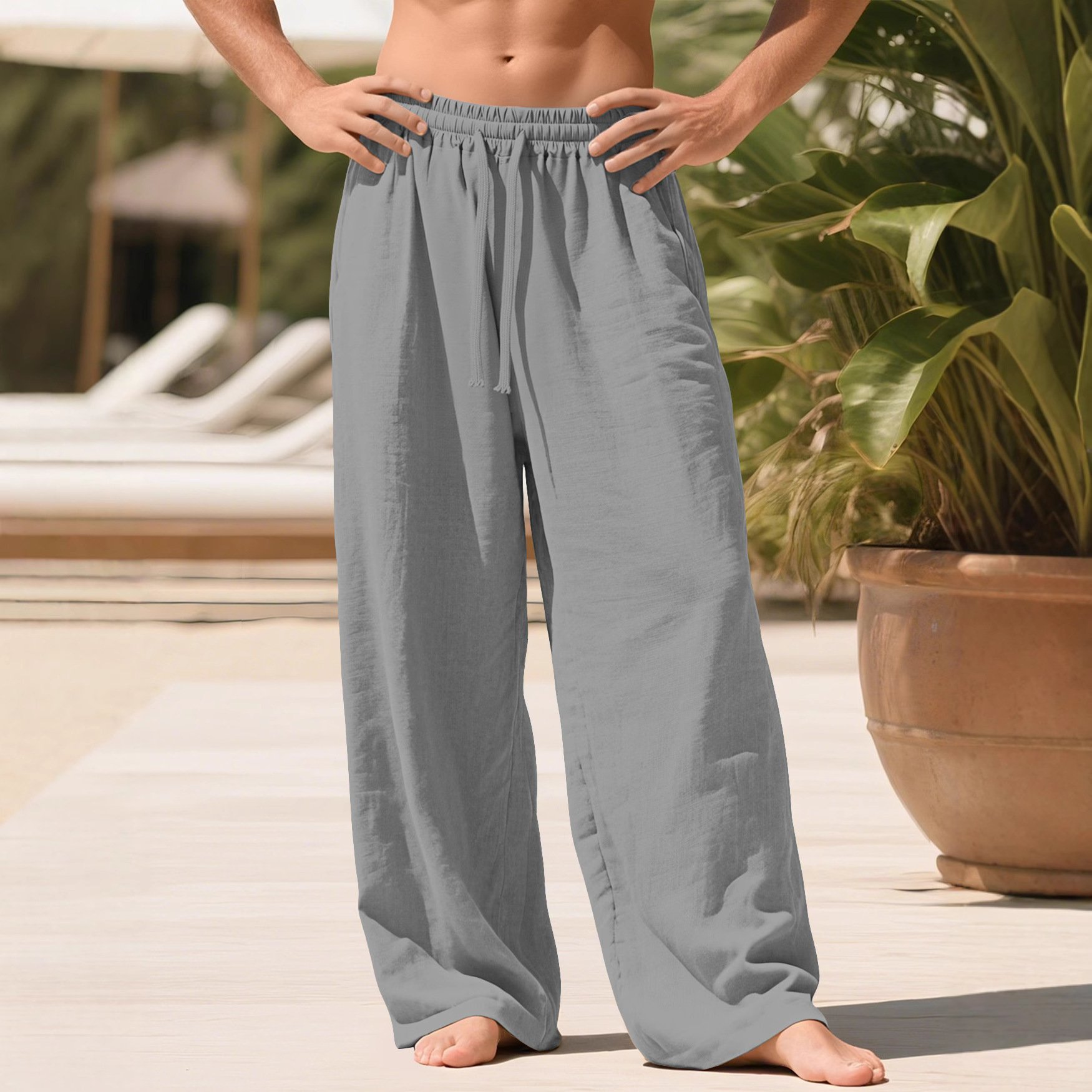 Men Textured Linen Blend Wide Leg Trousers Elastic 2
