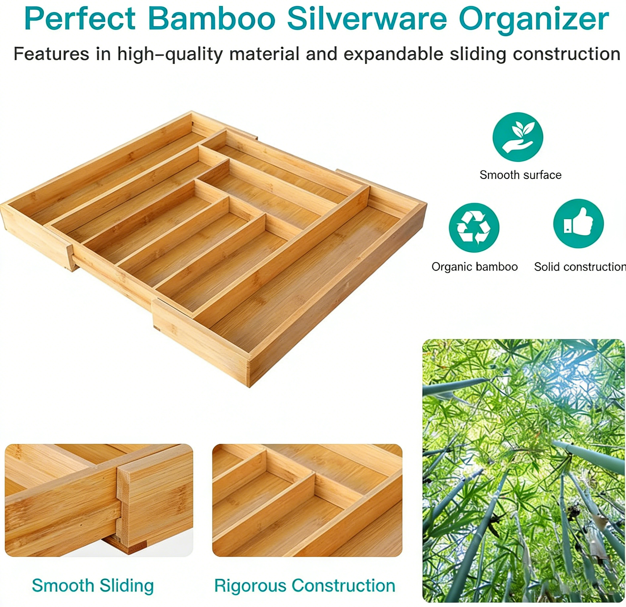 Bamboo Expendable Kitchen Drawer Organizer for Silverware Tray 4