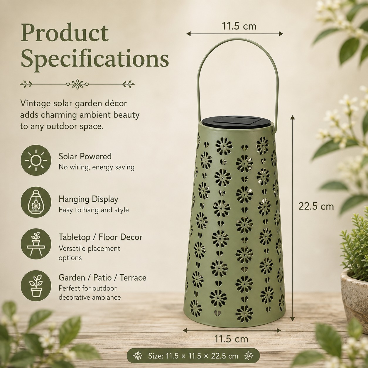 Vintage Olive Green Metal Solar Garden Lantern 3