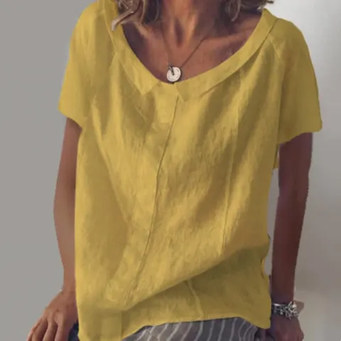 Round Neck Short Sleeve Cotton And Linen Pullover
